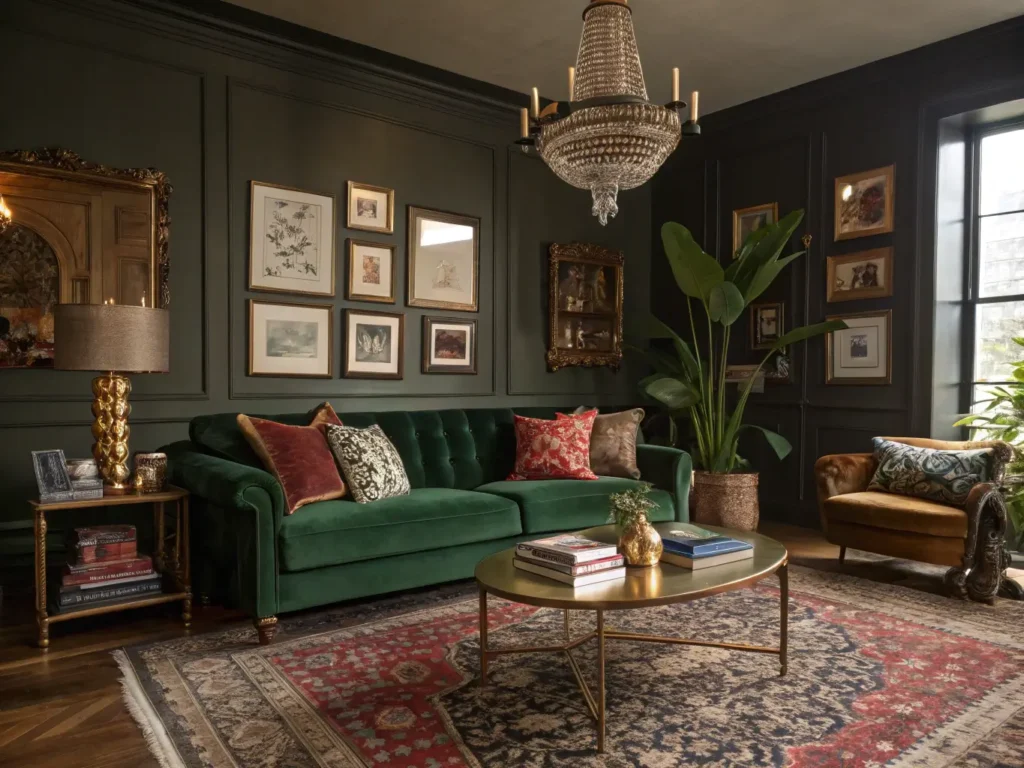 "Eclectic maximalist living room bathed in warm light featuring emerald velvet sofa, layered Persian rugs, brass coffee table, gallery wall, fiddle leaf fig plant, and jewel-toned decor"