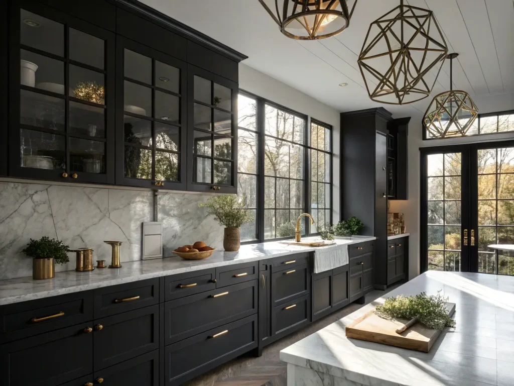 "Modern black kitchen with white marble countertops, brass fixtures, and natural light flooding in through large windows"