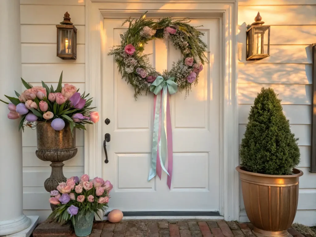 "Elegant white door with pastel Easter egg wreath, flanked by vintage copper planters with pink tulips, bathed in warm golden hour light"