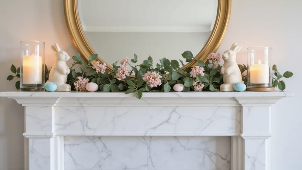 "Elegant Easter mantel decor with pastel eggs, ceramic bunnies, floral garland on white marble fireplace"
