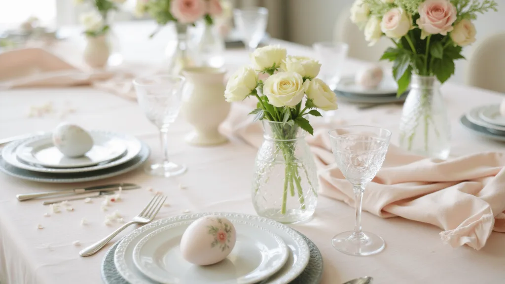 "Elegant Easter tablescape with pastel florals and crystal eggs on a blush linen tablecloth"