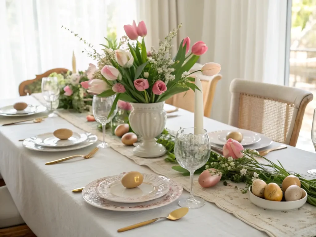 "Elegant Easter dining tablescape with vintage decor, white linen runner, floral centerpiece, gold eggs, and fine china in warm afternoon light."
