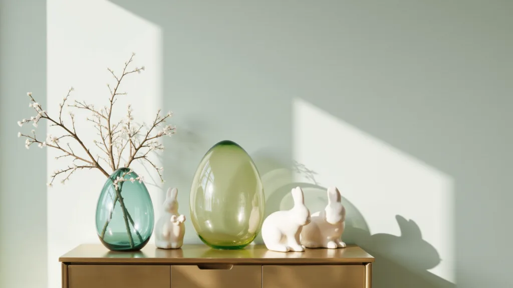 "Elegant Easter decor with pastel glass eggs, white ceramic bunnies on a brass console table against a light sage wall"