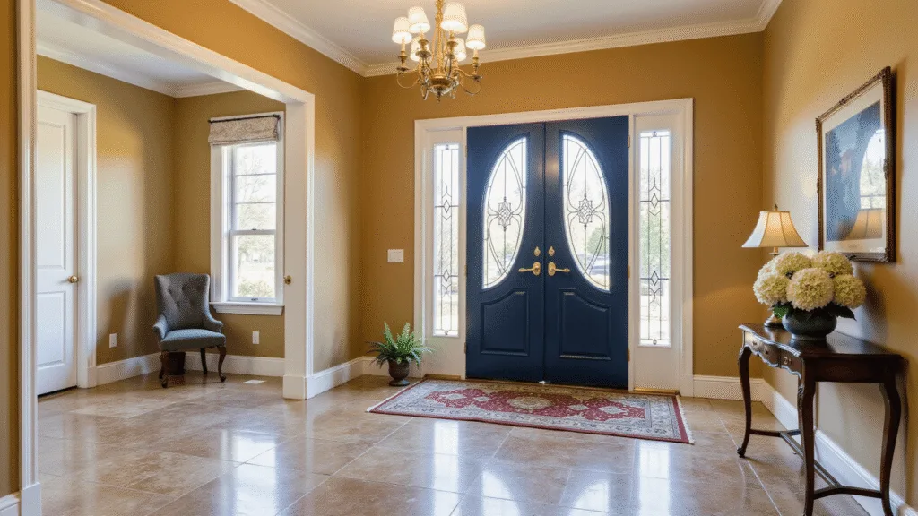 "Elegant tan house entrance with navy blue door, marble foyer, brass chandelier, hydrangeas on console table, and Persian runner under natural sunlight"