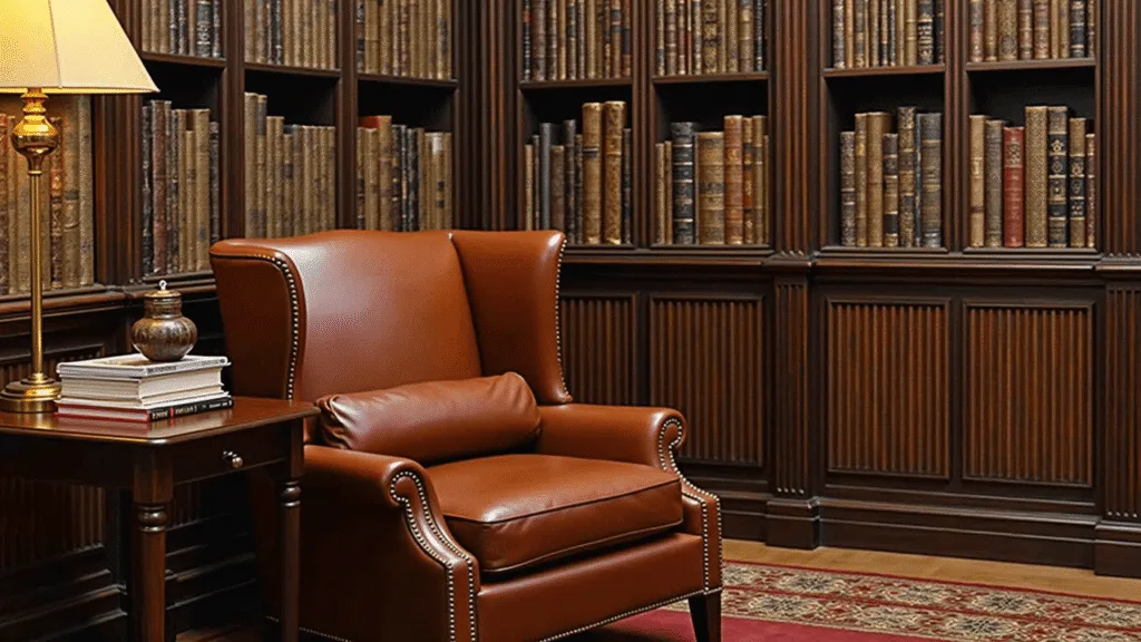 "Elegant brown leather wingback chair next to a mahogany side table with a crystal sherry glass, surrounded by leather-bound books in a warmly lit library"