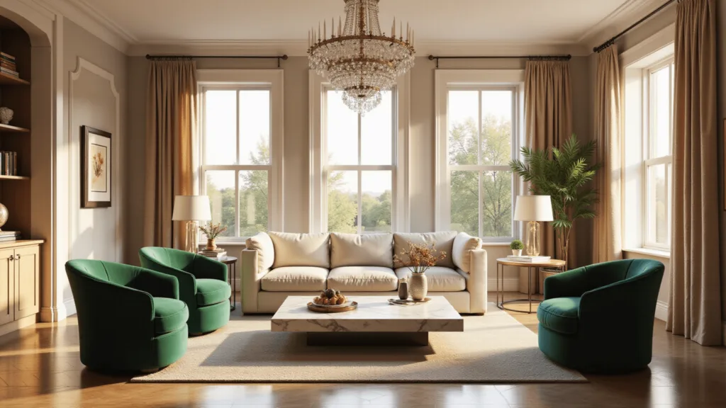 "Elegant living room interior with cream sofa, emerald chairs, marble coffee table, crystal chandelier, and bookshelves in golden sunlight"