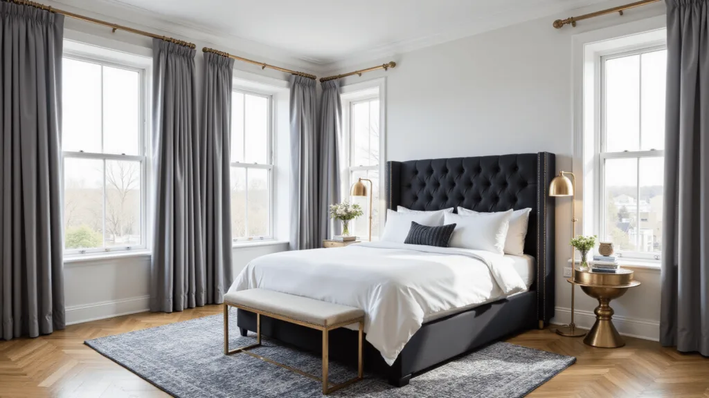 "Luxurious master bedroom with a black tufted headboard, white linens, brass pendant lights, and morning light streaming through floor-to-ceiling windows"