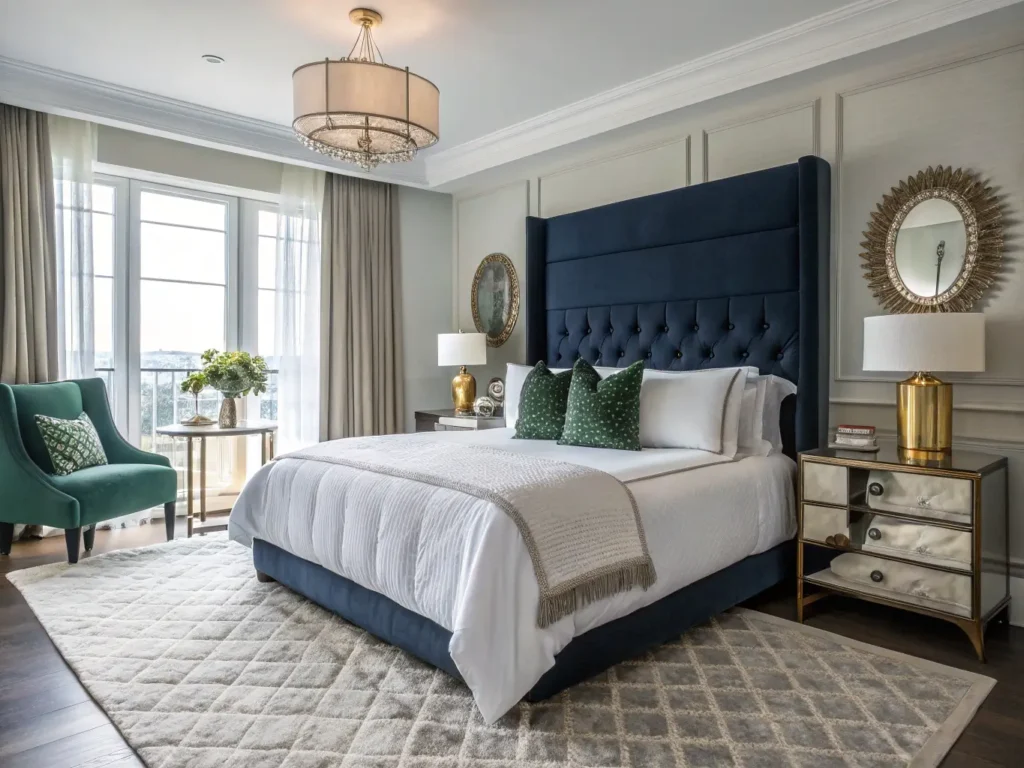 "Luxurious master bedroom with king-size bed, white linens, navy grasscloth wall, morning light, and elegant furnishings"