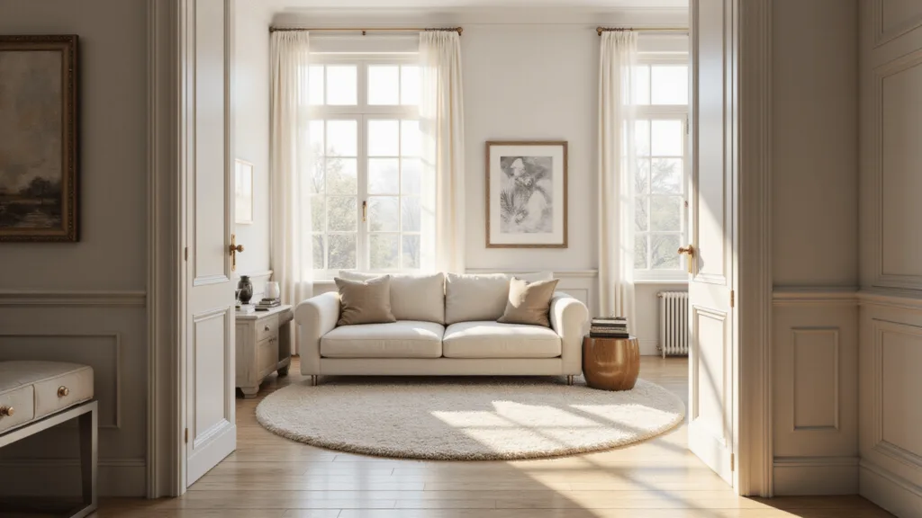 "Elegant sunlit living room with cream sofa, brass accents, and white oak floors"