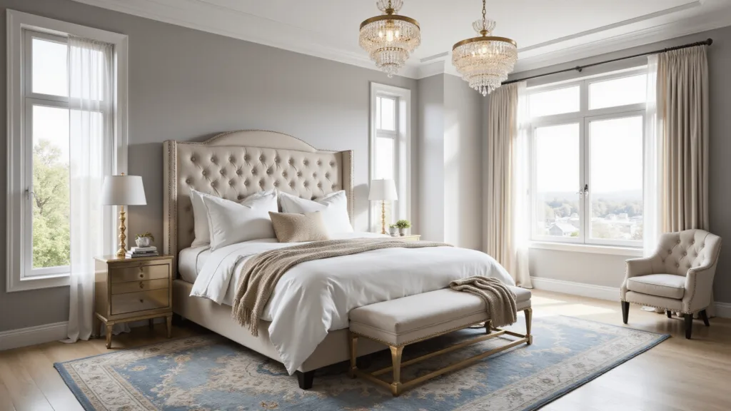 "Luxurious master bedroom with champagne velvet tufted headboard, crystal chandelier, floor-to-ceiling windows, and vintage Persian rug"