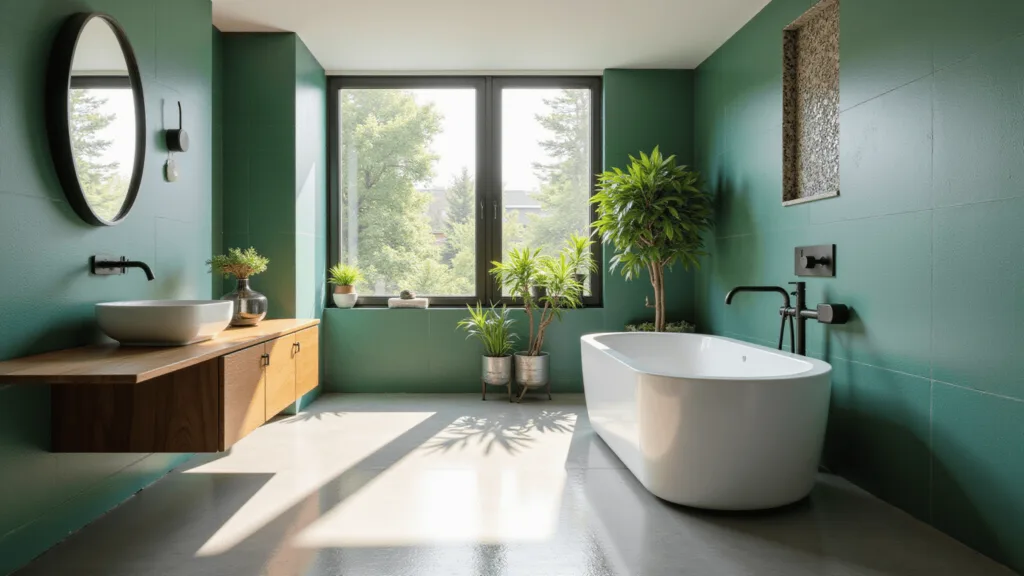 "Modern luxury bathroom with emerald green tiles, teak vanity, white soaking tub and matte black fixtures, illuminated by natural sunlight"