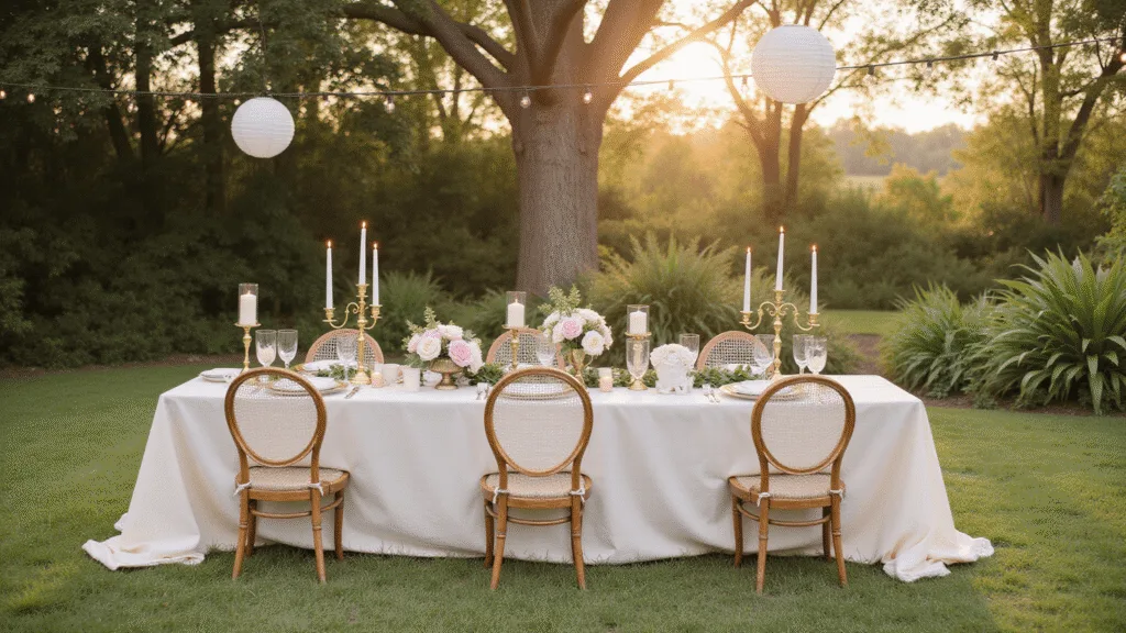 "Enchanted garden party setup with vintage elements, string lights, blush peonies, and rattan chairs on a natural backdrop during golden hour"
