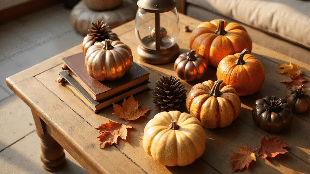 "Rustic oak coffee table decorated with ceramic pumpkins, copper gourds, autumn leaves, a vintage lantern, and leather-bound books in warm afternoon light"