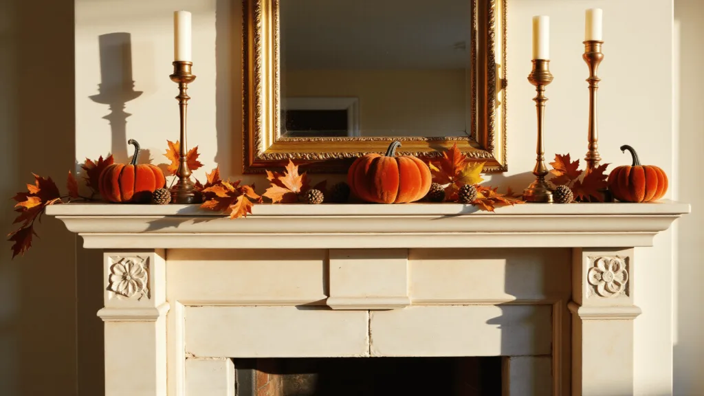 "Fall-themed fireplace mantel with velvet pumpkins, dried leaves, copper candlesticks, and ornate gold mirror bathed in golden hour sunlight."