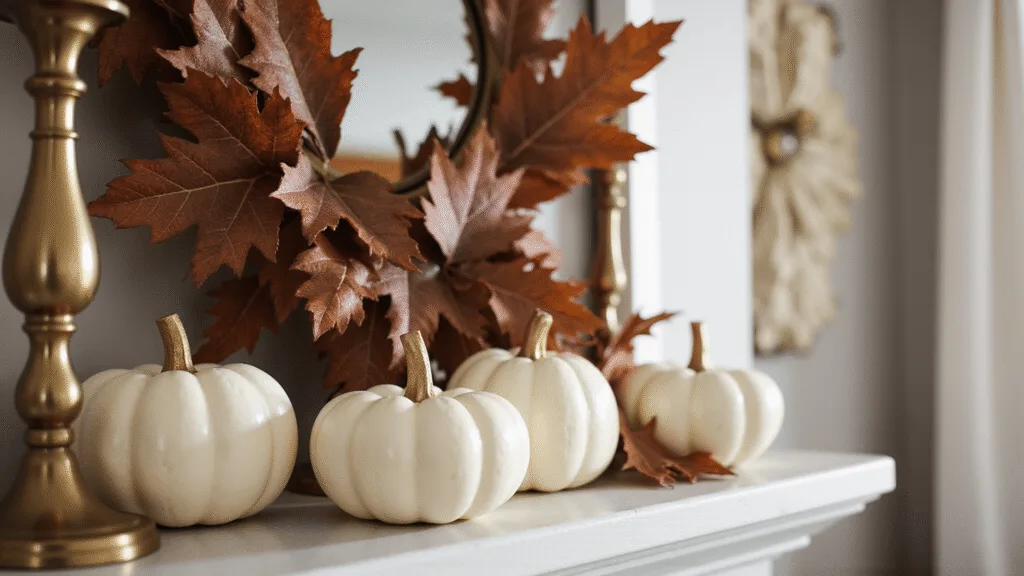 "Autumn-themed fireplace mantel with white ceramic pumpkins, brass candlesticks, and copper oak leaves in morning sunlight"