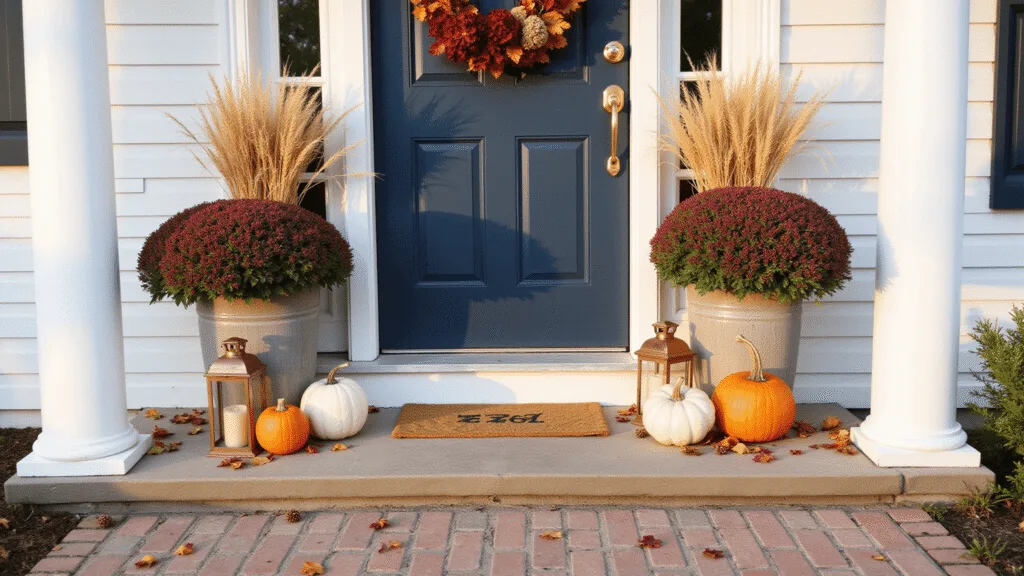 "Fall-themed navy blue doorway with hydrangea wreath, heirloom pumpkins, lanterns, and mums at golden hour"