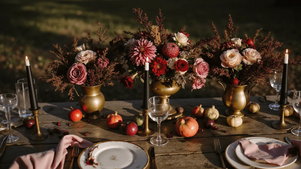 "Autumn wedding tablescape with dahlias, roses, zinnias, berry branches, pomegranates on rustic wooden table with candlelight"