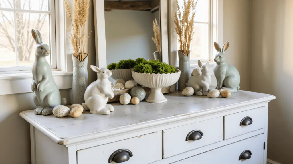 "Vintage farmhouse Easter decor with ceramic bunnies, moss-filled pottery bowl, and weathered dresser under golden sunlight"