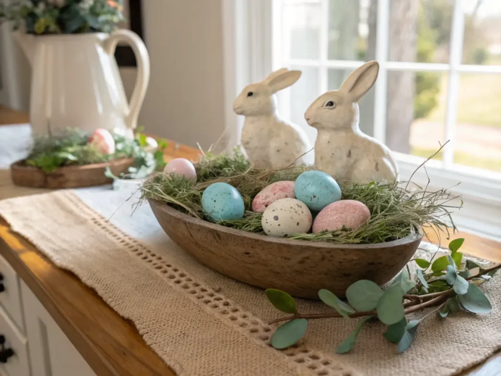 "Vintage Easter display with ceramic bunnies, pastel eggs, and greenery on a rustic farmhouse console table in warm golden light"
