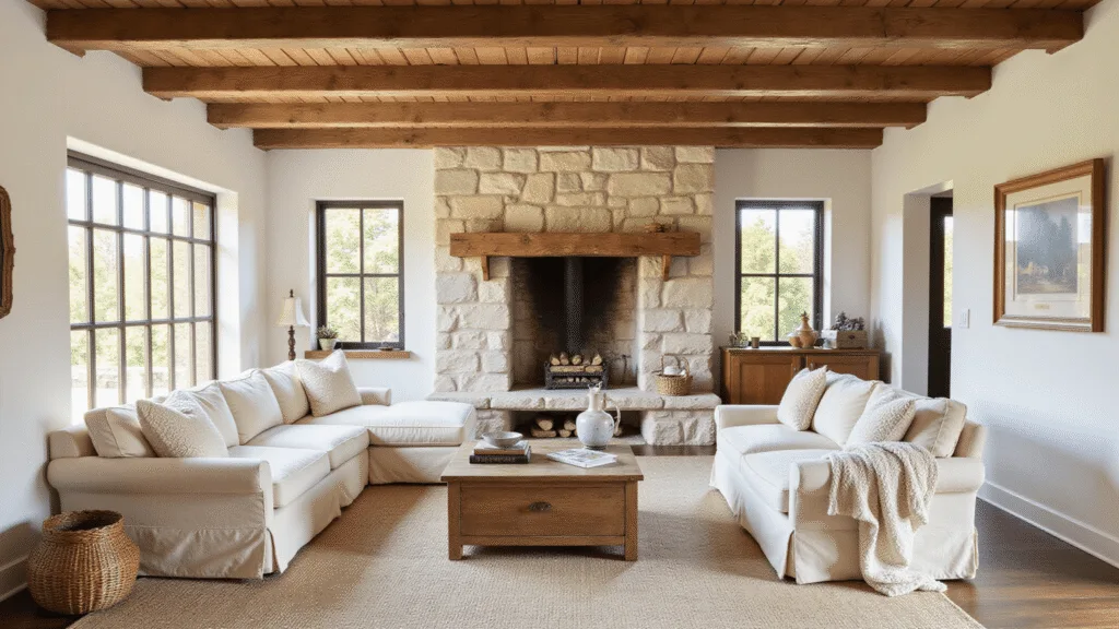 "Cozy farmhouse living room with cream linen sectional, exposed wooden beams, stone fireplace, and rustic decor in warm golden light"