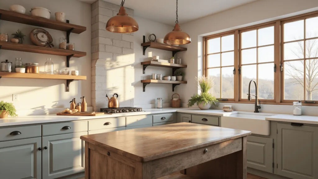 "Farmhouse kitchen with sage gray cabinets, copper hardware, reclaimed wood shelves, white quartz countertops, and a rustic island under warm golden hour sunlight."