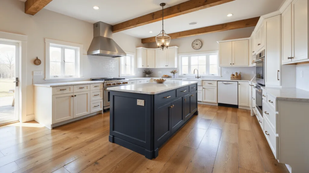 "Spacious farmhouse kitchen with cream cabinets, oak flooring, exposed beams, and a marble-countered navy island in natural morning light"