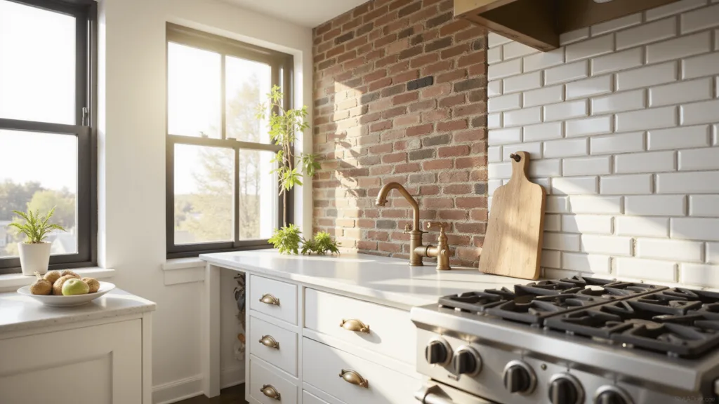 "Farmhouse kitchen with white subway tile, rustic brick, and shiplap backsplash bathed in morning sunlight"