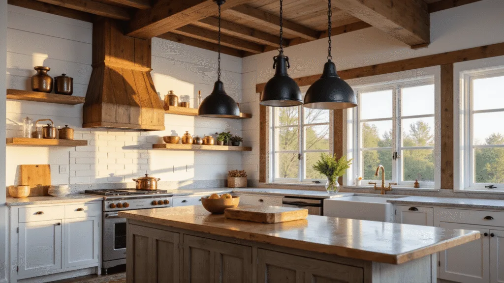 "Rustic farmhouse kitchen with warm sunlight, black pendant lights, copper pots on open shelves, white shiplap walls, brass accents, exposed wooden beams, and marble countertops."