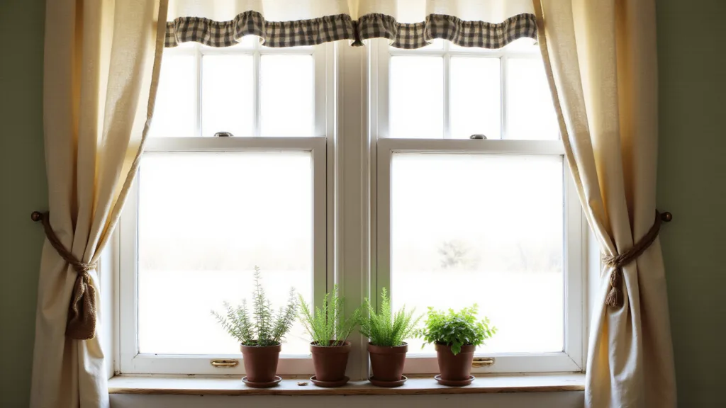 "Sunlit farmhouse kitchen window with cream and sage green linen curtains, brass hardware, potted herbs on windowsill, and rustic details."