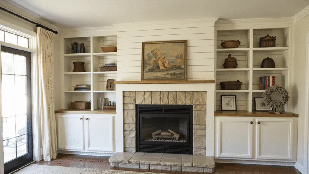 "Sunlit living room with limestone fireplace, white shiplap built-in cabinets, vintage decor, and warm ambient lighting"