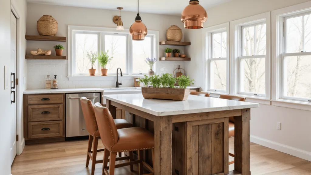 "Rustic farmhouse kitchen island with reclaimed wood, marble top, copper accents, and morning sunlight"