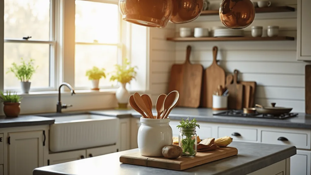 "Rustic farmhouse kitchen with sunlit weathered wooden boards, white ceramics, vintage copper pots, and fresh herbs in mason jars"