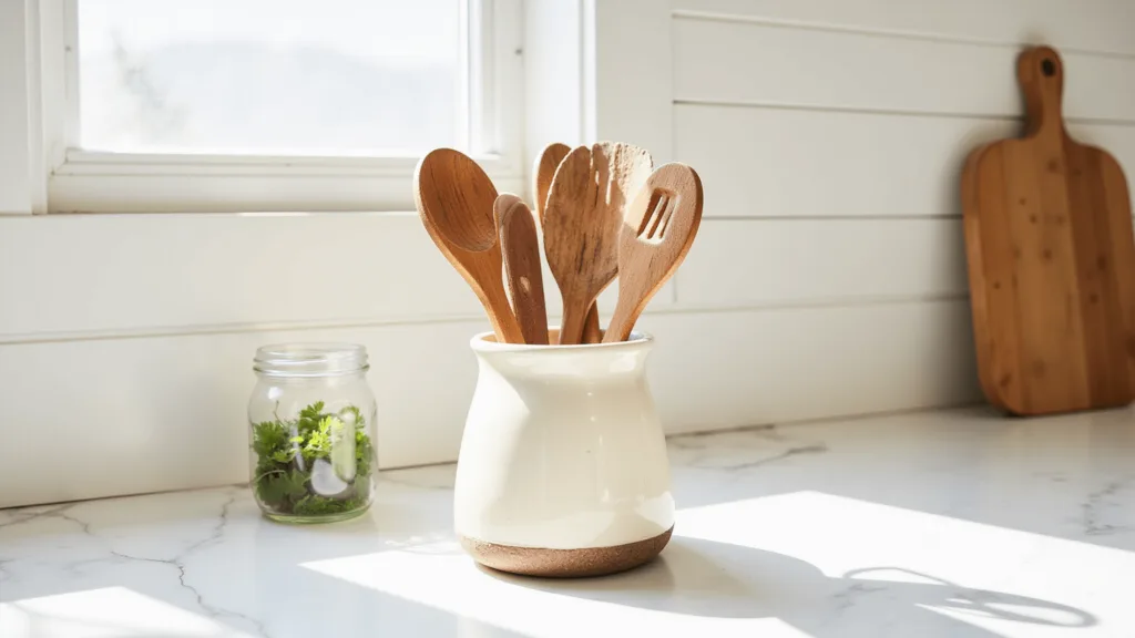 "Cream ceramic utensil holder filled with wooden and copper utensils on a white marble countertop, sunlight soft shadows, fresh herbs in mason jar and wooden cutting board against shiplap wall"