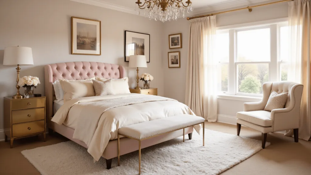 "Ethereal feminine bedroom with blush pink tufted headboard, ivory silk bedding, brass accents, and white peonies in golden hour light"