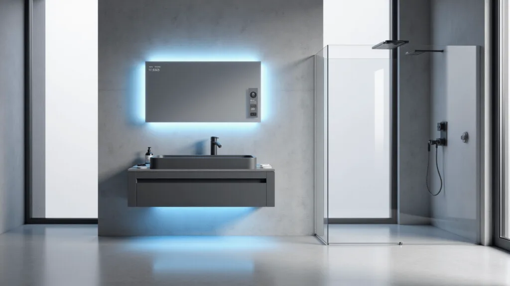 "Modern minimalist bathroom with floating concrete vanity, smart mirror, glass shower, and ambient LED lighting"