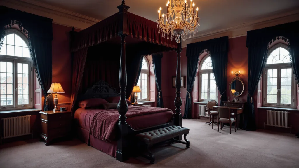 "Gothic Victorian bedroom with four-poster mahogany bed, burgundy velvet drapes, black lace curtains, silver candelabras, and arched windows under dramatic chandelier lighting"