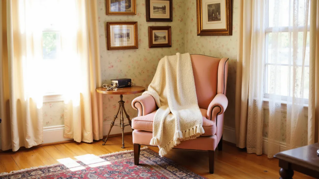 "Vintage living room with dusty rose wingback chair, cream afghan throw, Persian rug, floral wallpaper, and brass accents in warm golden hour light."