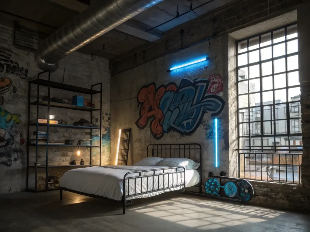 "Urban industrial bedroom with graffiti wall, metal bed, neon accents and morning sunlight through grid windows"