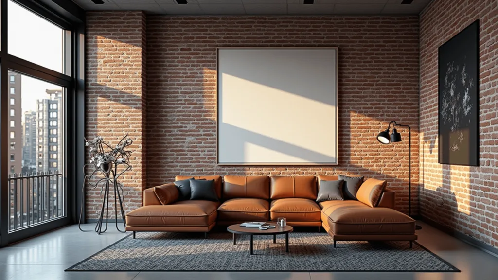 "Modern urban loft interior with exposed brick walls, black-framed windows, leather sectional sofa, concrete floors, and evening light"