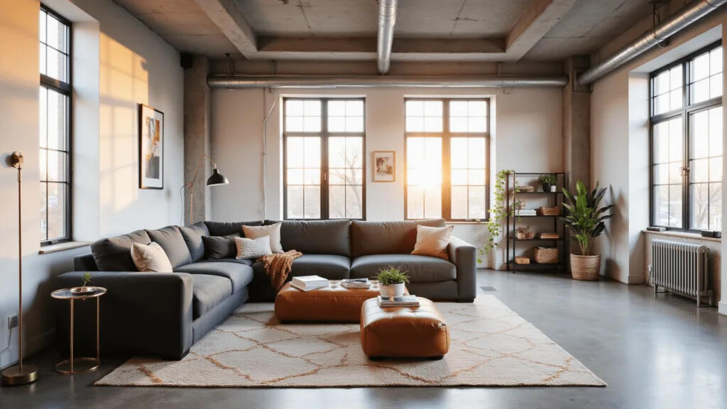 "Modern urban loft living room with industrial windows, L-shaped sofa, leather ottoman, and minimalist shelving during golden hour"