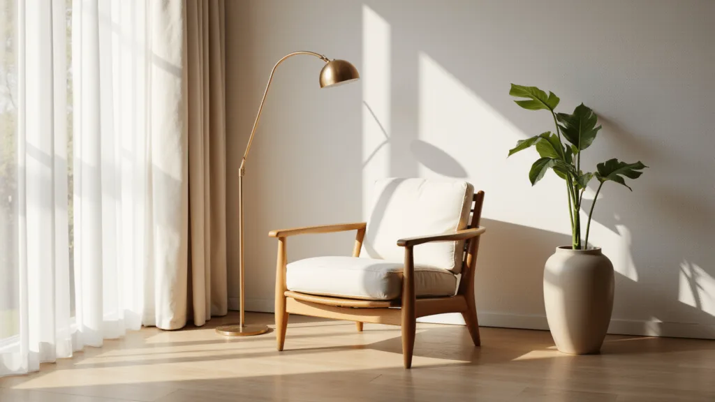 "Japandi accent chair in a minimalist living room with warm afternoon light"