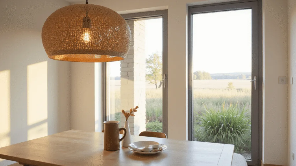 "Bamboo pendant light illuminating a minimalist living room with natural sunlight during golden hour"