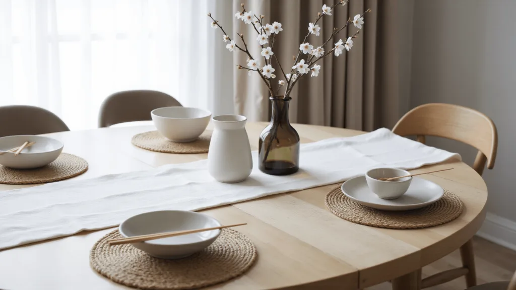 "Japandi style dining table with handcrafted ceramics, white linen runner, cherry blossom branch in glass vase, and bamboo chopsticks on jute placemats in soft morning light"