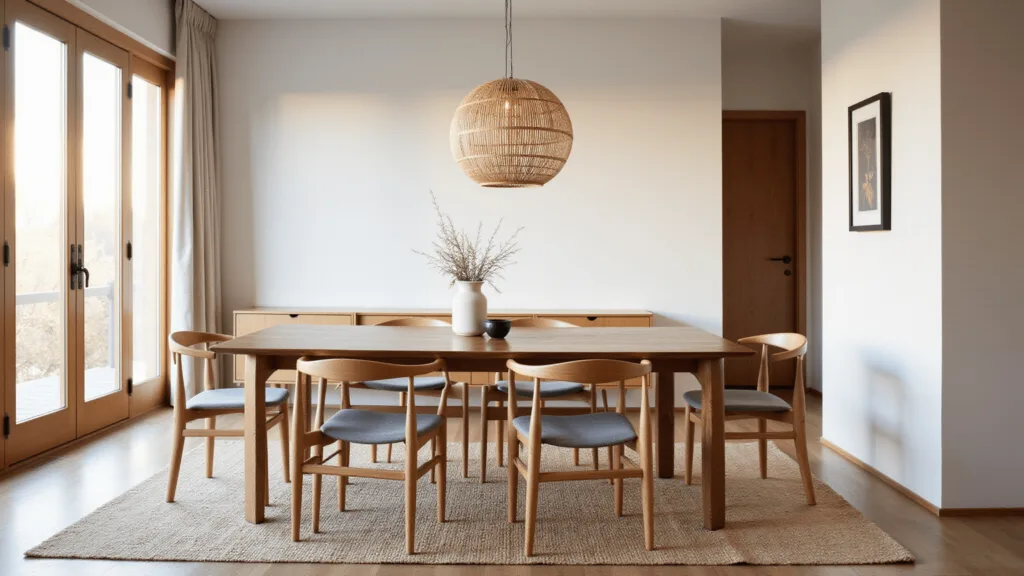 "Japandi dining room with walnut table, oak chairs, bamboo pendant light, and minimalistic vase, all bathed in golden hour sunlight"