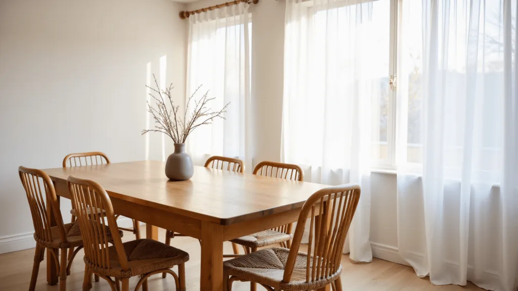 "Japandi dining room with natural light, oak table, rattan chairs and minimalist vase centerpiece in neutral tones"