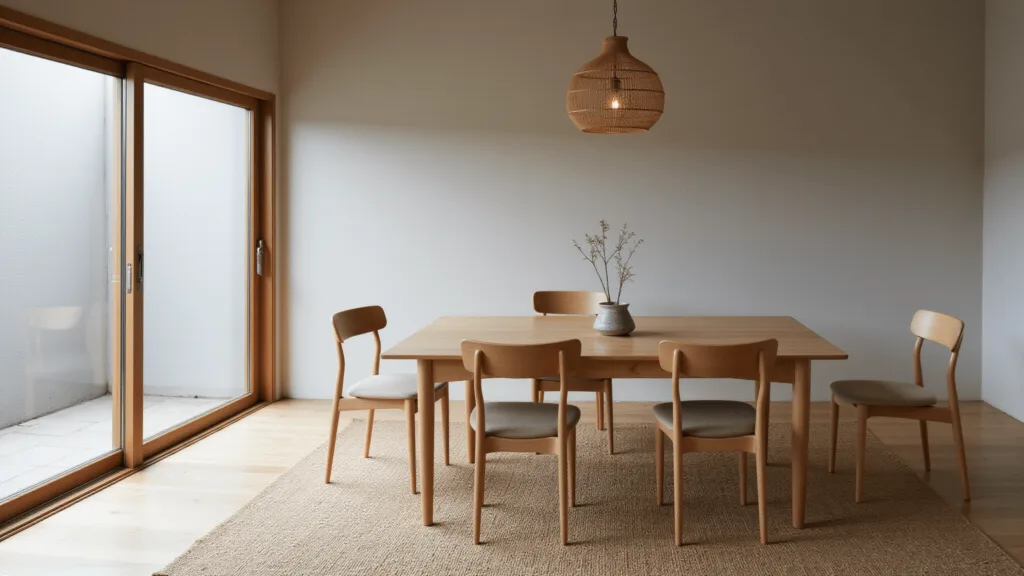 "Minimalist Japandi dining room with oak table, ash chairs, beige and gray tones, and natural light filtering through shoji screens"