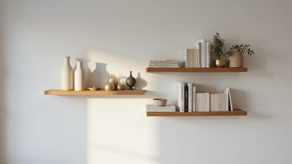 "Japandi-style bookshelf with white oak floating shelves, neutral-toned books, ceramic vases, a bonsai plant, brass accents, and linen textures in soft morning light."