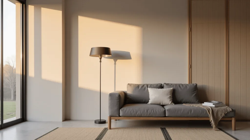 "Minimalist Japandi living room bathed in warm light with sleek floor lamp next to a gray linen sofa"