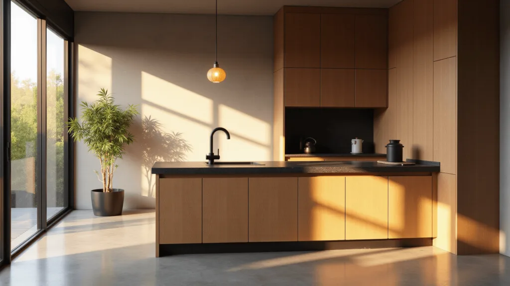 "Minimalist Japandi kitchen with oak cabinets, black stone countertops, concrete floors, a bamboo plant, bathed in natural sunlight"
