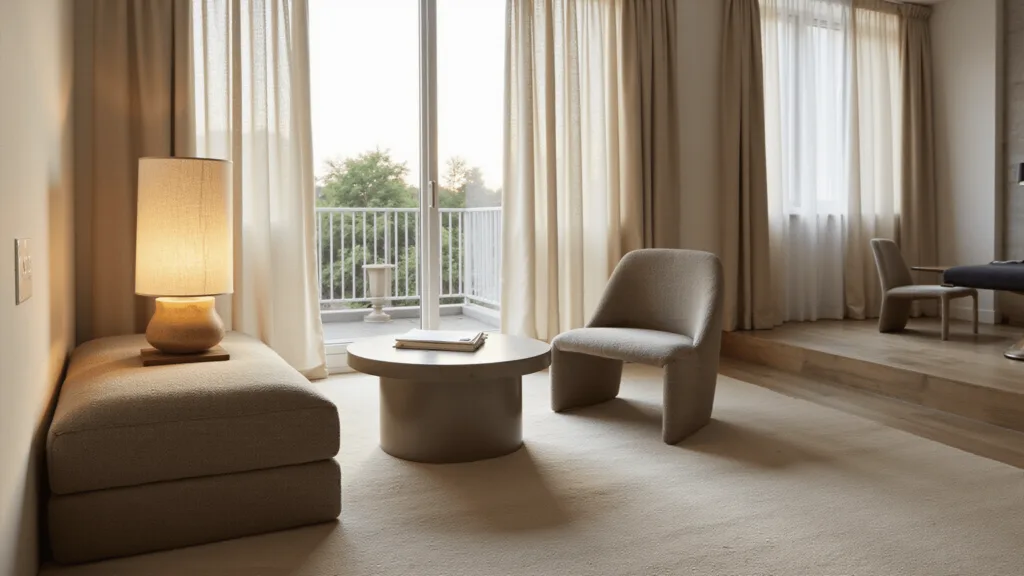 "Japandi style table lamp with bamboo base and rice paper shade on a concrete side table in a modern greige living room during golden hour, featuring soft diffused light, minimalist elegant design, and warm tones."